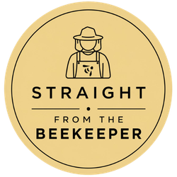 1 Circular beige logo featuring a beekeeper illustration above the words 'STRAIGHT FROM THE BEEKEEPER'.