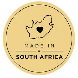 2 Gold circular badge showing the outline of South Africa with a heart inside, and the words "MADE IN SOUTH AFRICA" across the center.