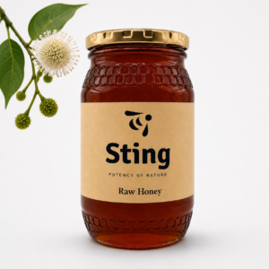 Amber honey jar with a gold lid and beige label reading 'Sting' and 'Raw Honey', placed against a pale background with a plant on the side.